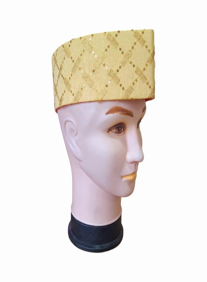 BANI THANI® Men’s Wedding Kasida Topi | Traditional Pooja & Engagement Cap | Sakharpuda Fancy Chikankari Work (Golden Topi) - Image 3